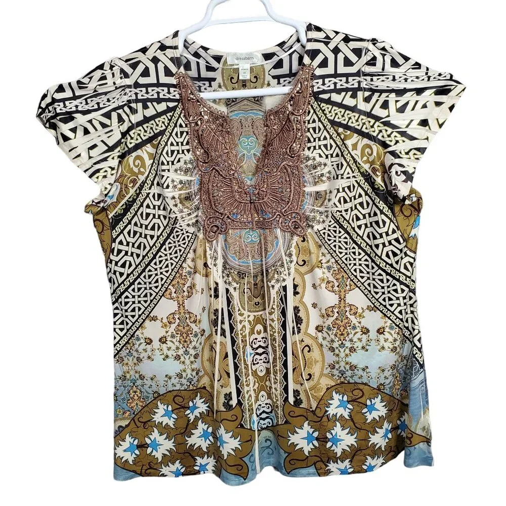 Dressbarn Womens 2X Boho Paisley Print Top With Beaded Neckline - Picture 2 of 10